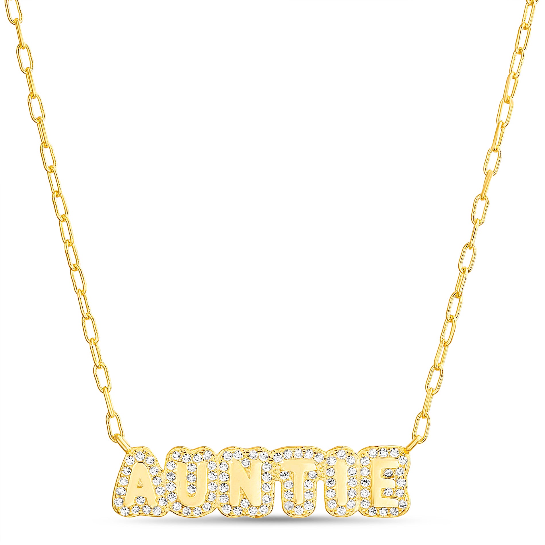Gold CZ "Auntie" Pave Signet Necklace